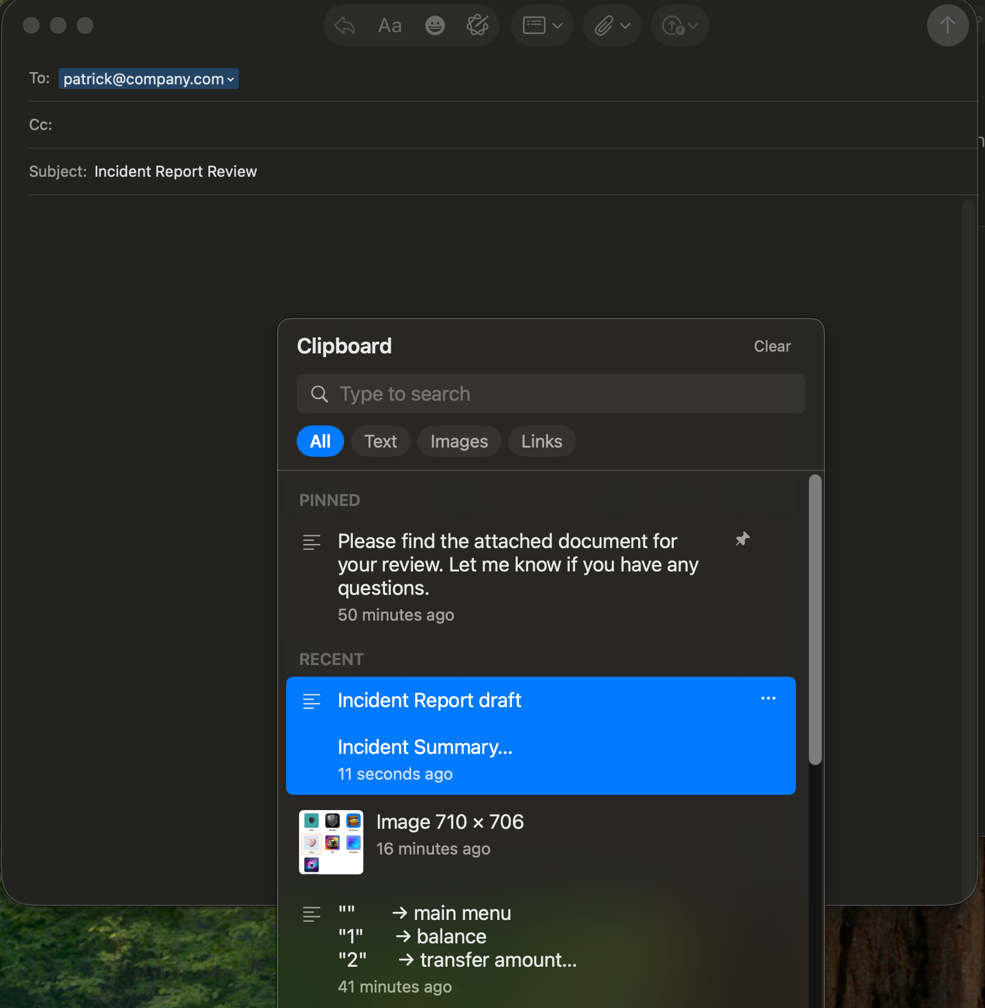 The ClipStack panel open on top of a half-written Mail message. The history holds a pinned note, a selected draft, a copied image and a block of code, and the panel floats clear of the Mail window over the desktop.