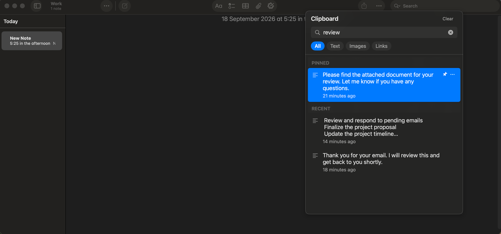 The ClipStack panel over a Notes window. The word "review" has been typed into the search field and the list has narrowed to three matching items, with a pinned item held at the top.
